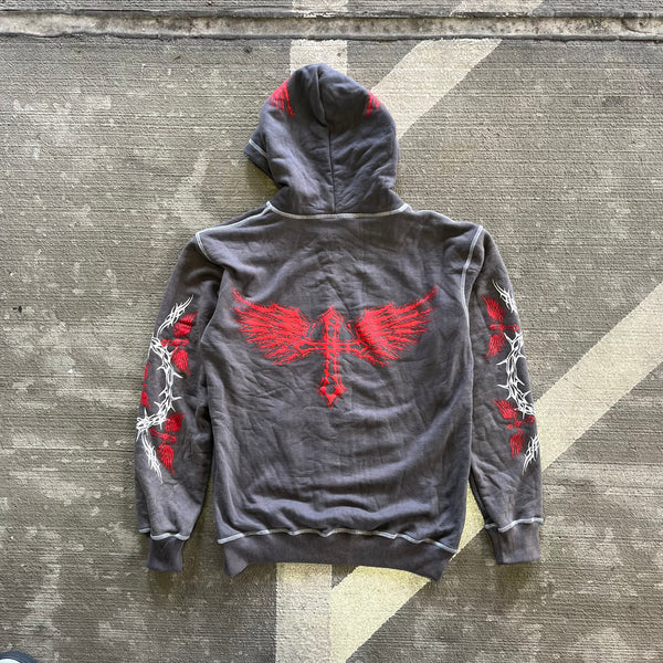 ILLOGICAL WINGED CROSS HOODIE (GREY/RED)